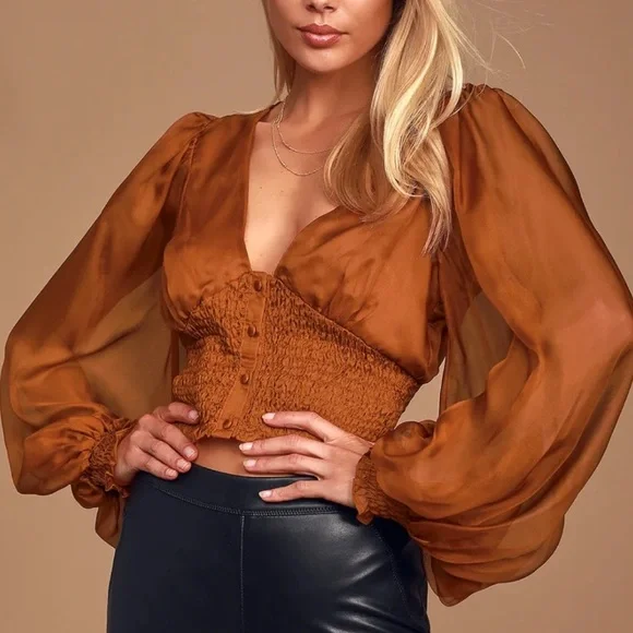 Lulus Brown Button-Front Smocked Crop Top - Picture 2 of 9